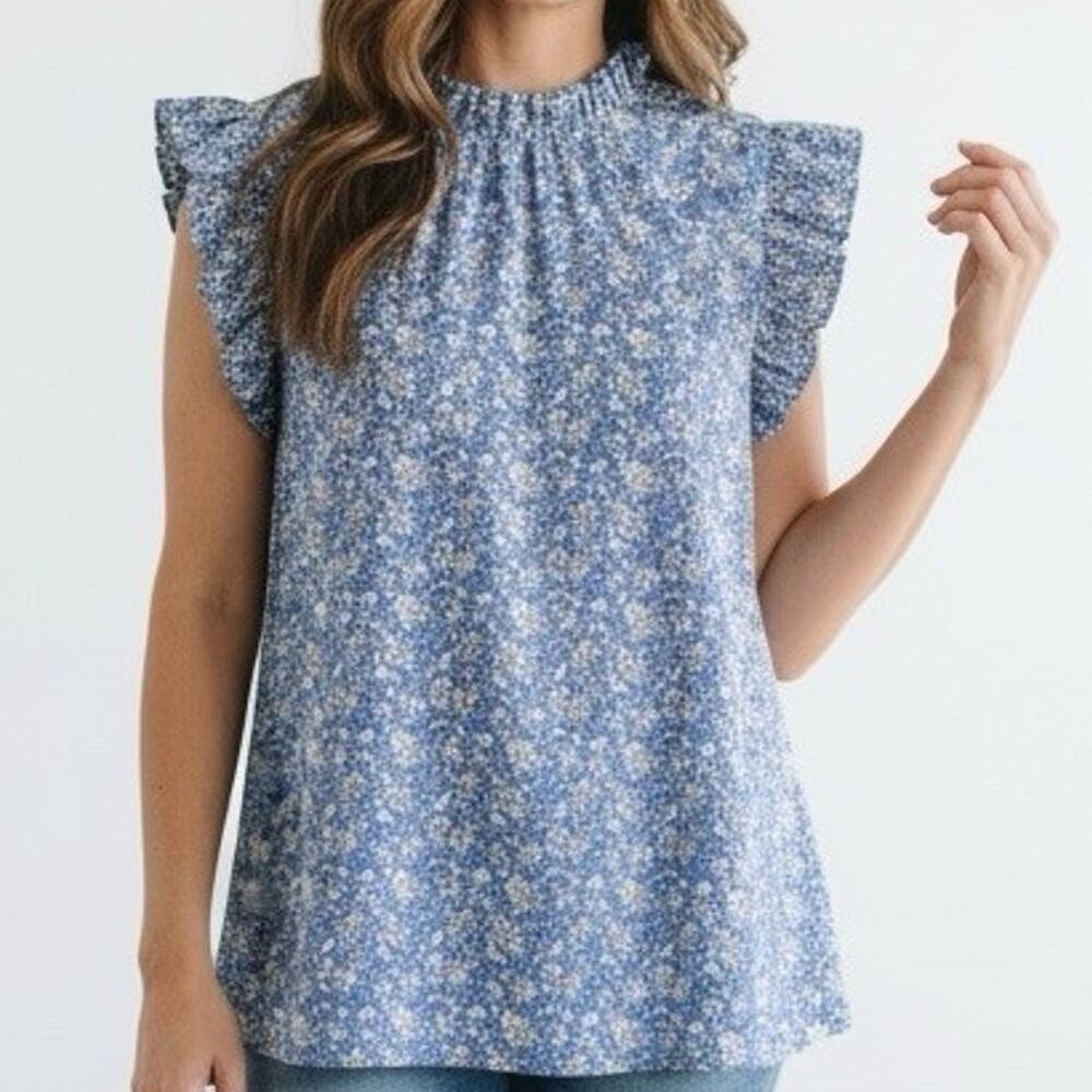 Duffield Lane Ruffle Short Sleeve Top size XL Blue Floral 100% Cotton Coastal